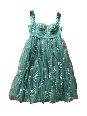 Green Floral Embroidered Tulle Midi Dress